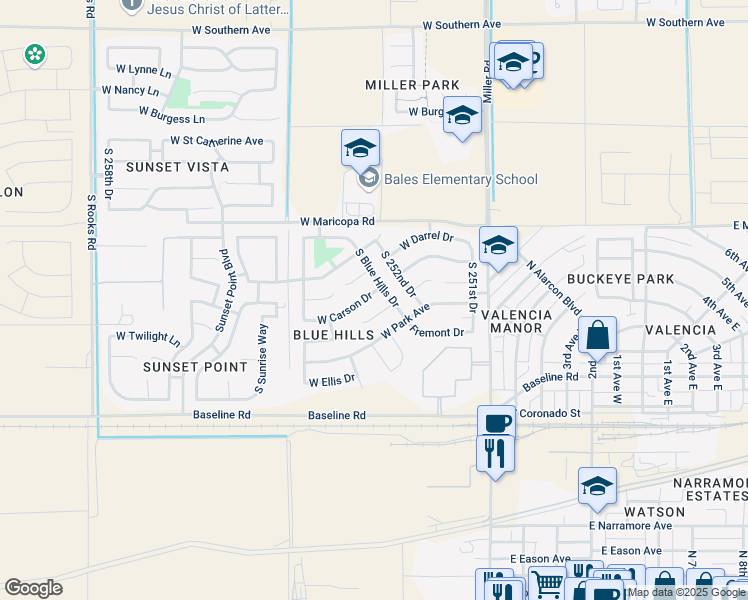 map of restaurants, bars, coffee shops, grocery stores, and more near 25330 West Carson Drive in Buckeye