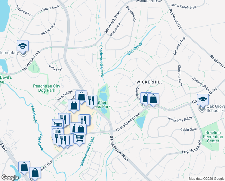 map of restaurants, bars, coffee shops, grocery stores, and more near 116 Rock Mull in Peachtree City