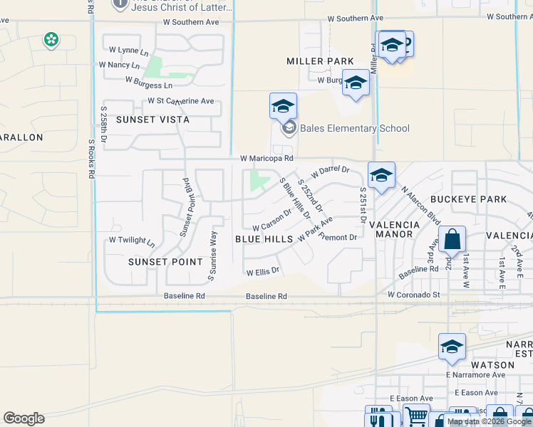 map of restaurants, bars, coffee shops, grocery stores, and more near 25389 West Maldonado Court in Buckeye