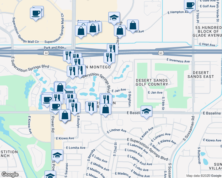 map of restaurants, bars, coffee shops, grocery stores, and more near 7104 East Jan Avenue in Mesa