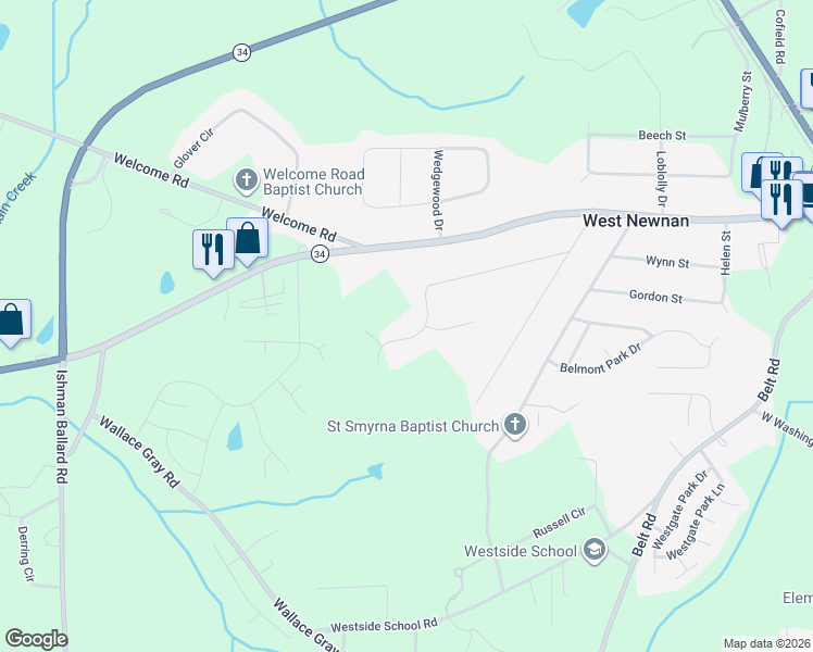 map of restaurants, bars, coffee shops, grocery stores, and more near 45 Thomas Way in Newnan