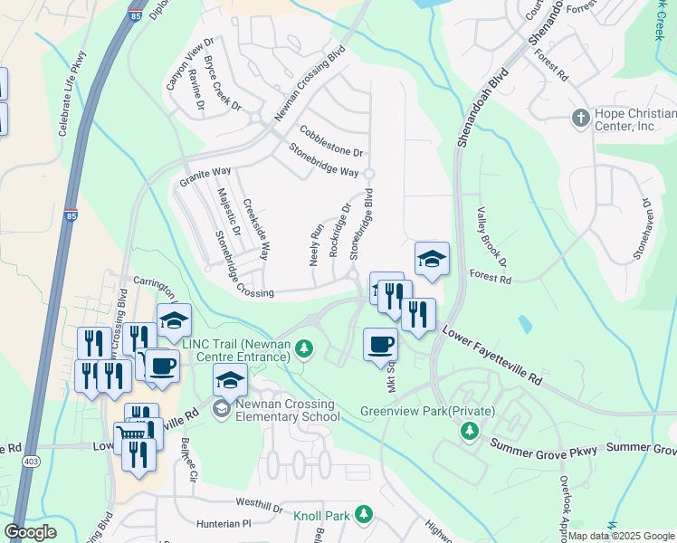 map of restaurants, bars, coffee shops, grocery stores, and more near 6 Rockridge Drive in Newnan