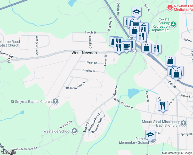 map of restaurants, bars, coffee shops, grocery stores, and more near 96 Belmont Park Drive in Newnan