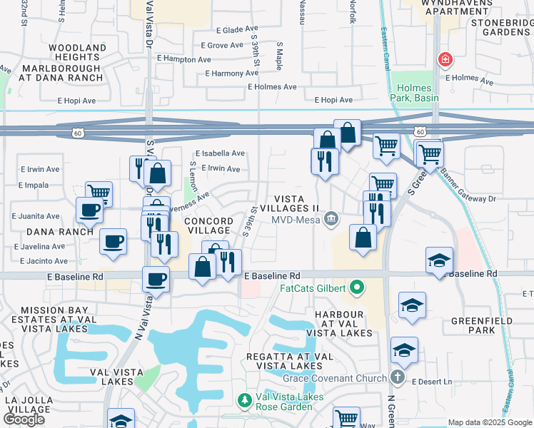 map of restaurants, bars, coffee shops, grocery stores, and more near 1811 South 39th Street in Mesa