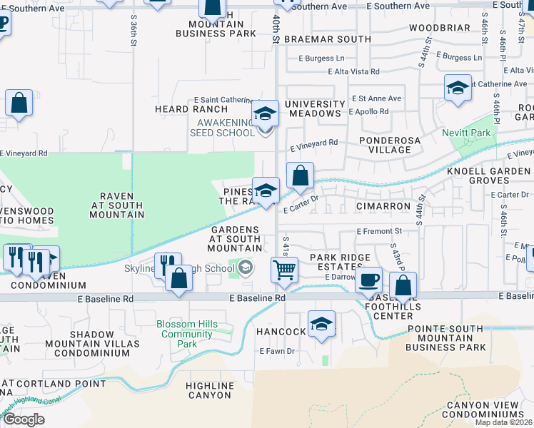 map of restaurants, bars, coffee shops, grocery stores, and more near 7040 South 40th Street in Phoenix