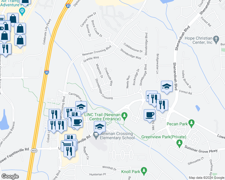 map of restaurants, bars, coffee shops, grocery stores, and more near 16 Creekside Way in Newnan