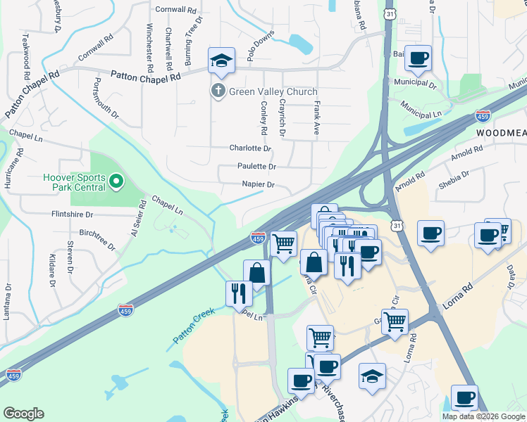 map of restaurants, bars, coffee shops, grocery stores, and more near 1845 Tall Timbers Drive in Birmingham