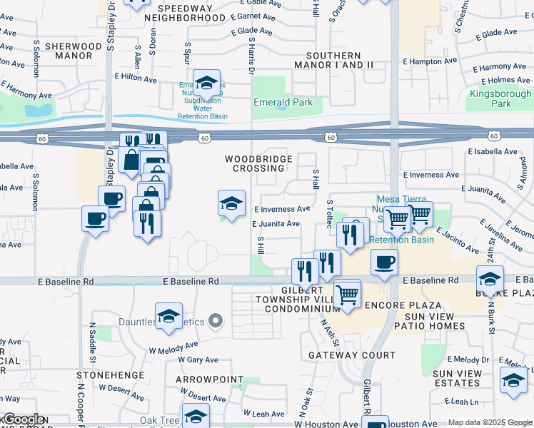 map of restaurants, bars, coffee shops, grocery stores, and more near 1752 South Hill in Mesa
