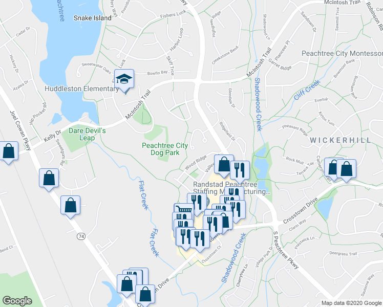map of restaurants, bars, coffee shops, grocery stores, and more near 136 Braelinn Courts in Peachtree City