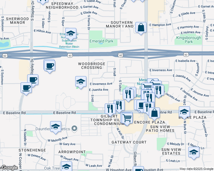 map of restaurants, bars, coffee shops, grocery stores, and more near 1743 East Inverness Avenue in Mesa