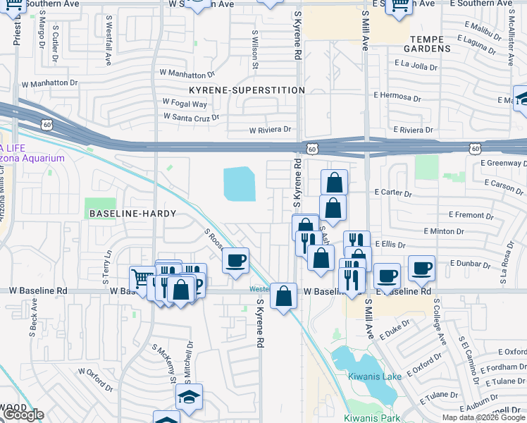 map of restaurants, bars, coffee shops, grocery stores, and more near 400 West Baseline Road in Tempe