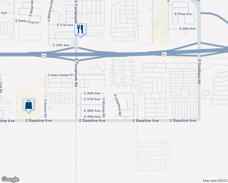 map of restaurants, bars, coffee shops, grocery stores, and more near 2092 East 36th Avenue in Apache Junction
