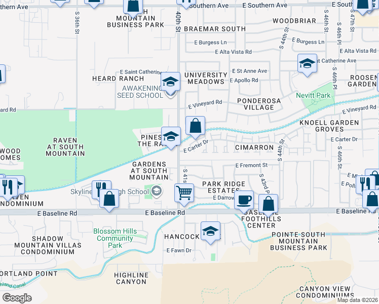 map of restaurants, bars, coffee shops, grocery stores, and more near 7026 South 40th Place in Phoenix