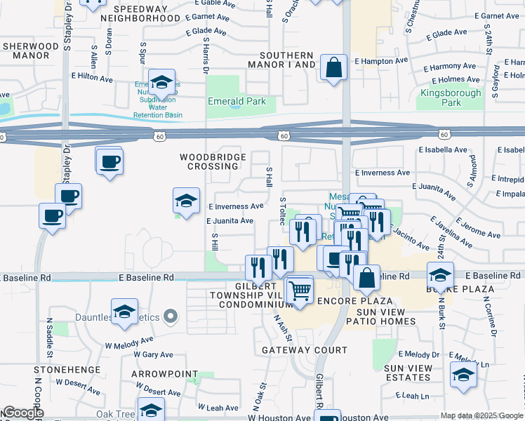 map of restaurants, bars, coffee shops, grocery stores, and more near 1743 East Inverness Avenue in Mesa