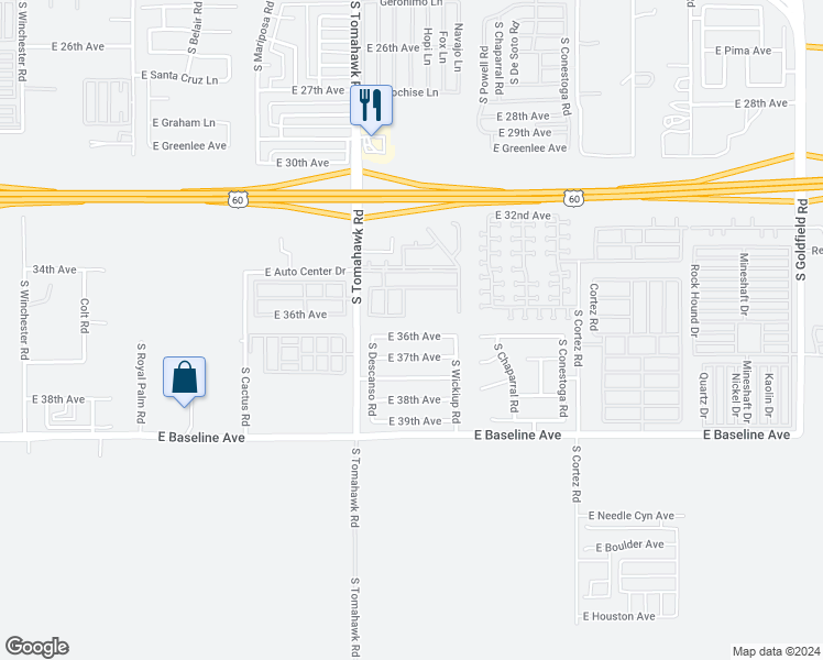 map of restaurants, bars, coffee shops, grocery stores, and more near 1858 East 36th Avenue in Apache Junction