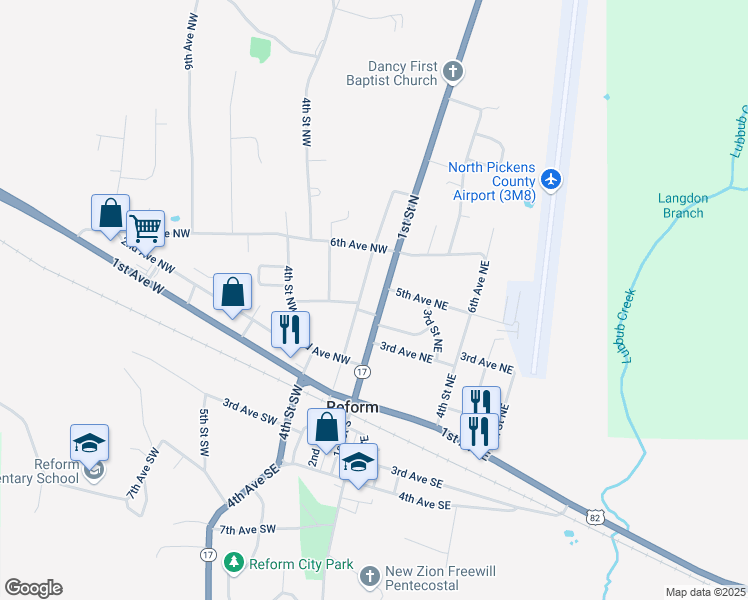 map of restaurants, bars, coffee shops, grocery stores, and more near 404 1st Street North in Reform