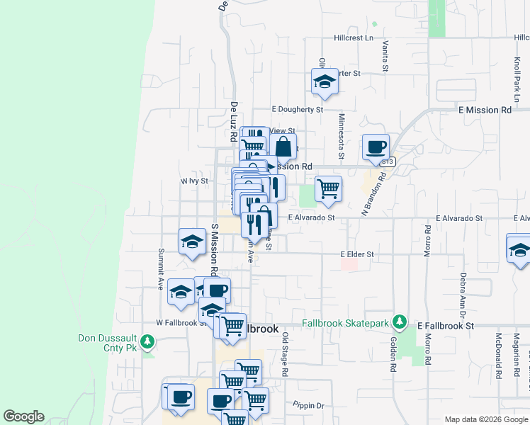 map of restaurants, bars, coffee shops, grocery stores, and more near 130 East Alvarado Street in Fallbrook