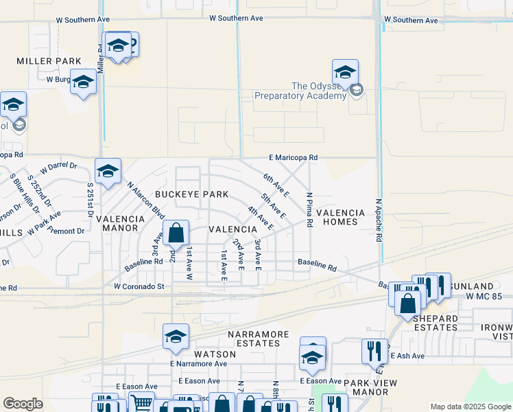map of restaurants, bars, coffee shops, grocery stores, and more near 502 North Deniza Boulevard in Buckeye