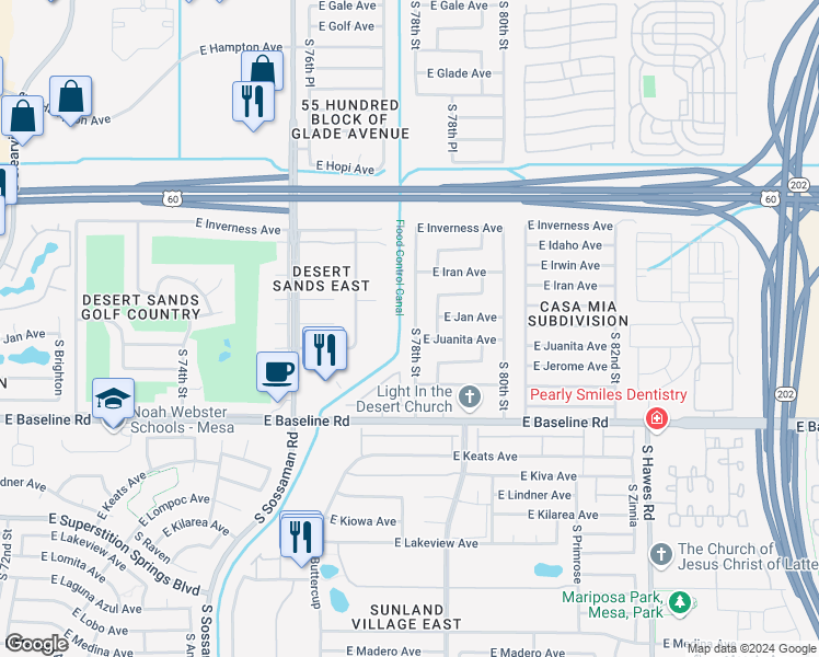 map of restaurants, bars, coffee shops, grocery stores, and more near 1814 South 78th Street in Mesa