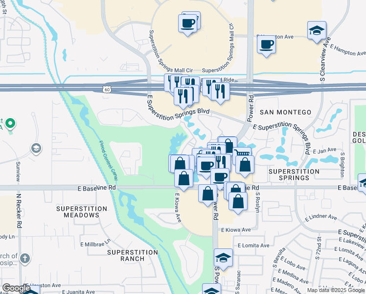 map of restaurants, bars, coffee shops, grocery stores, and more near 6535 East Superstition Springs Boulevard in Mesa