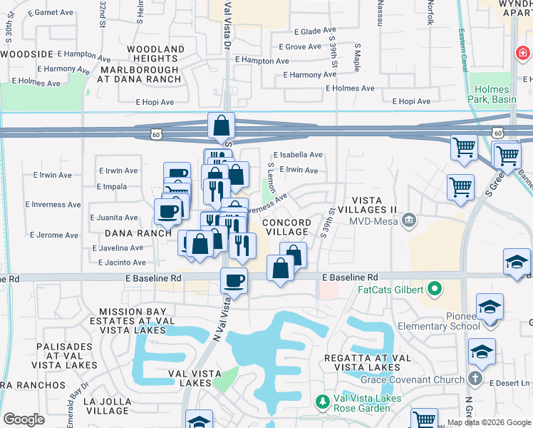 map of restaurants, bars, coffee shops, grocery stores, and more near 17 East Quail Vista Village Amnd in Mesa