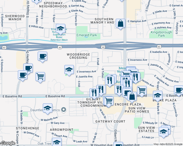 map of restaurants, bars, coffee shops, grocery stores, and more near 1743 East Inverness Avenue in Mesa