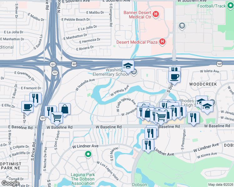 map of restaurants, bars, coffee shops, grocery stores, and more near 2331 West Impala Avenue in Mesa