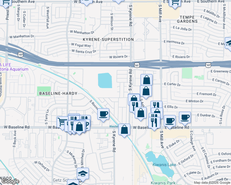 map of restaurants, bars, coffee shops, grocery stores, and more near 400 West Baseline Road in Tempe