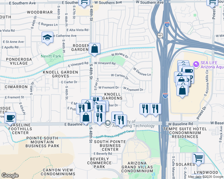 map of restaurants, bars, coffee shops, grocery stores, and more near 2505 West Fremont Drive in Tempe
