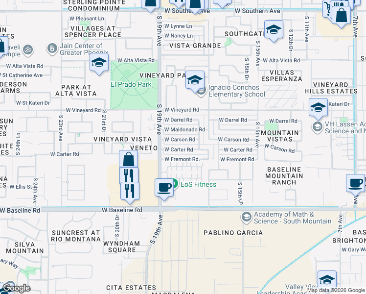 map of restaurants, bars, coffee shops, grocery stores, and more near 1737 West Carson Road in Phoenix