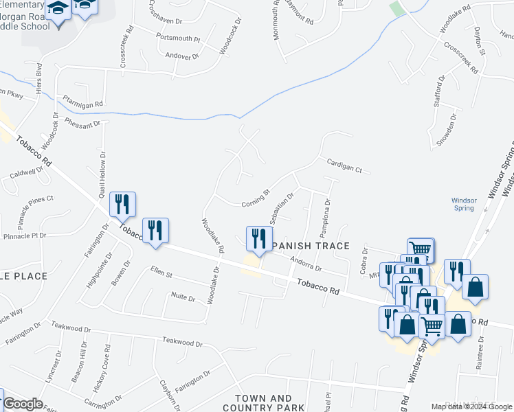 map of restaurants, bars, coffee shops, grocery stores, and more near 2618 Corning Street in Hephzibah