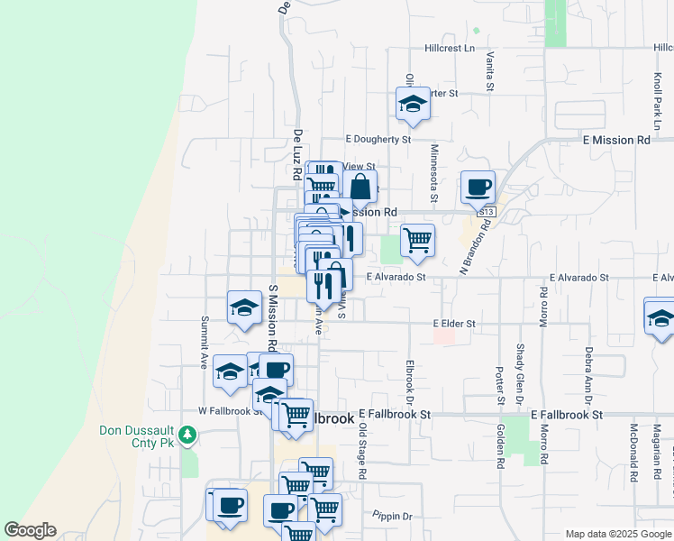 map of restaurants, bars, coffee shops, grocery stores, and more near 120 North Vine Street in Fallbrook