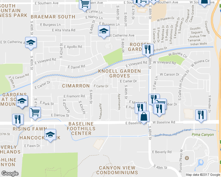 map of restaurants, bars, coffee shops, grocery stores, and more near 7046 South 45th Place in Phoenix