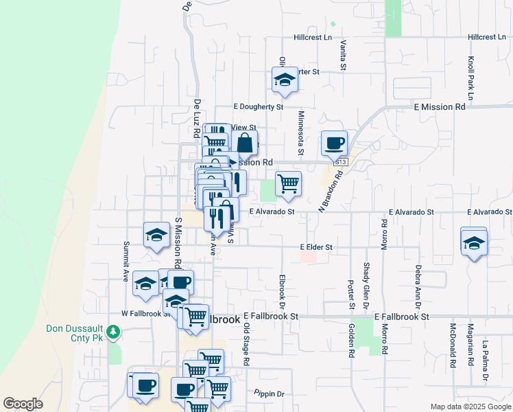 map of restaurants, bars, coffee shops, grocery stores, and more near 310 East Alvarado Street in Fallbrook