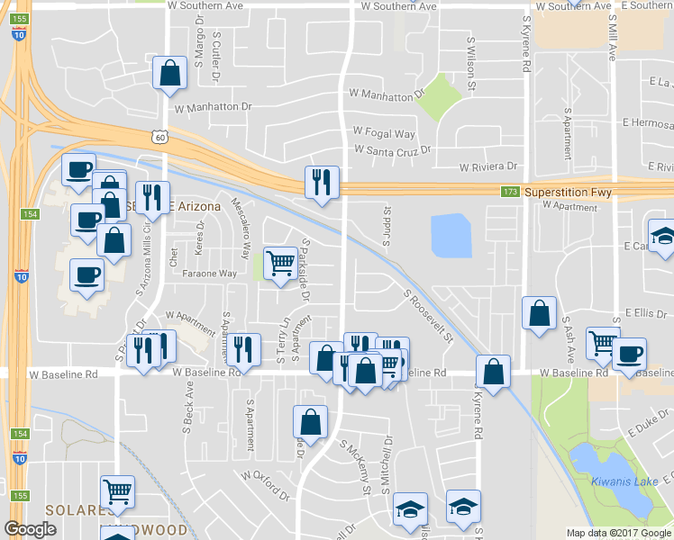 map of restaurants, bars, coffee shops, grocery stores, and more near 1001 West Carter Drive in Tempe