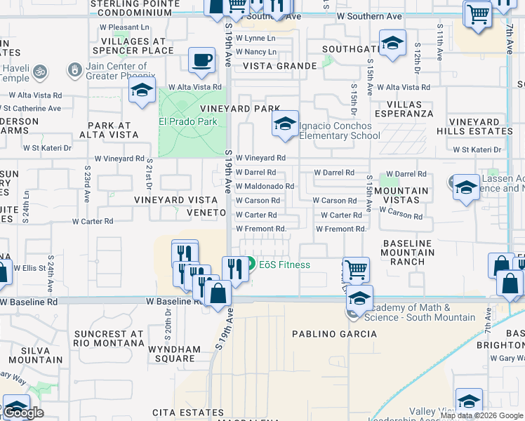map of restaurants, bars, coffee shops, grocery stores, and more near 1737 West Carson Road in Phoenix