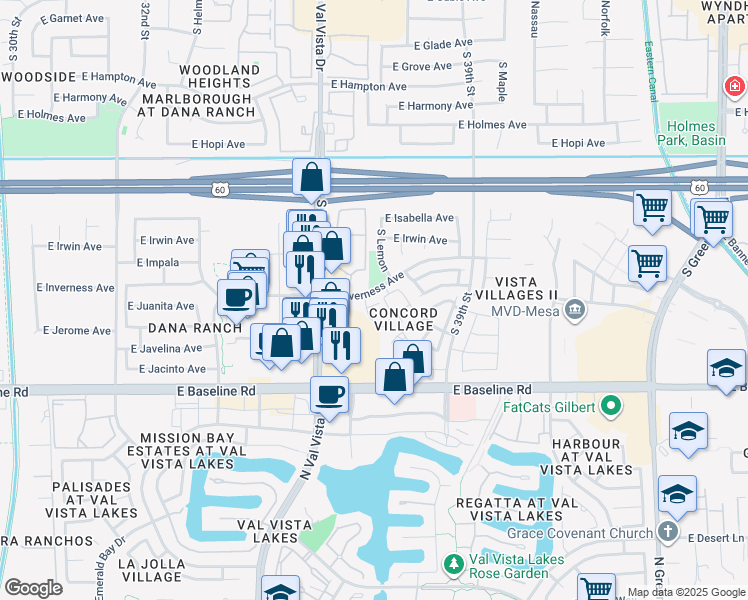 map of restaurants, bars, coffee shops, grocery stores, and more near 17 East Quail Vista Village Amnd in Mesa