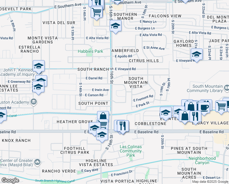map of restaurants, bars, coffee shops, grocery stores, and more near 7034 South 16th Place in Phoenix