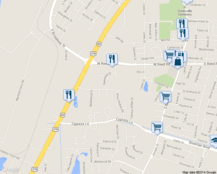 map of restaurants, bars, coffee shops, grocery stores, and more near 479 Anne Stokes Road in Greenville