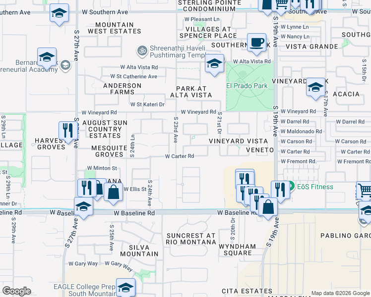 map of restaurants, bars, coffee shops, grocery stores, and more near 2213 West Carson Road in Phoenix