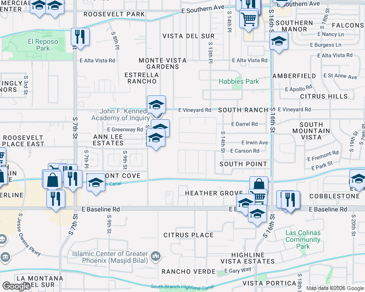 map of restaurants, bars, coffee shops, grocery stores, and more near 1239 East Irwin Avenue in Phoenix