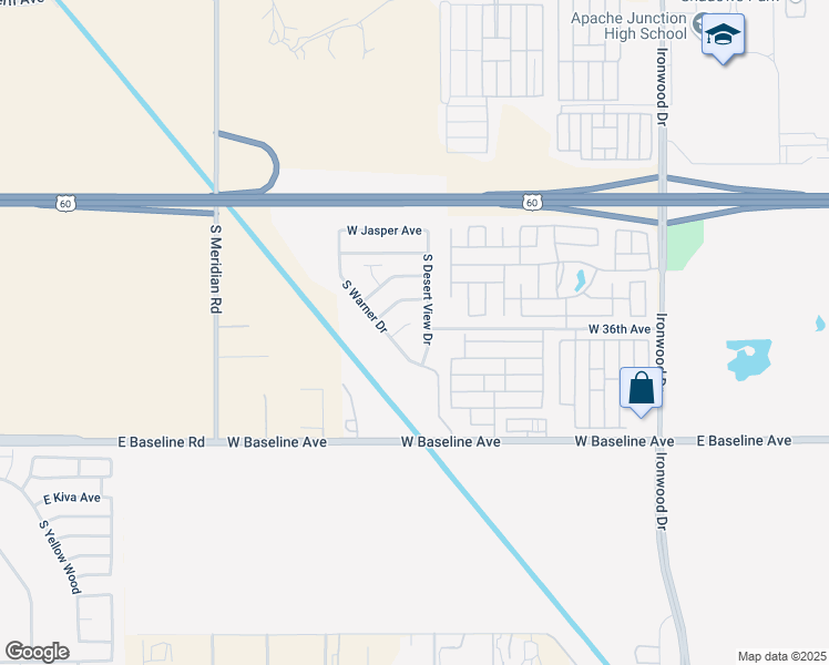 map of restaurants, bars, coffee shops, grocery stores, and more near 3542 South Warner Drive in Apache Junction