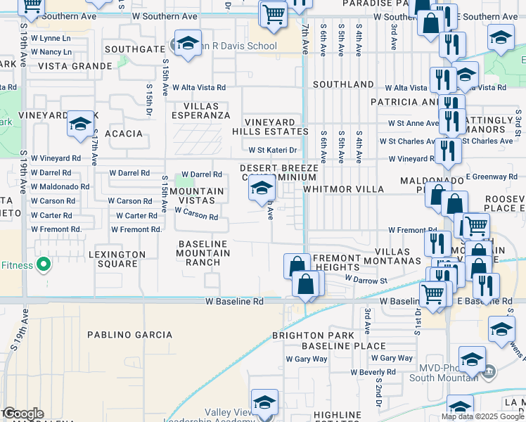 map of restaurants, bars, coffee shops, grocery stores, and more near 909 West Vineyard Road in Phoenix