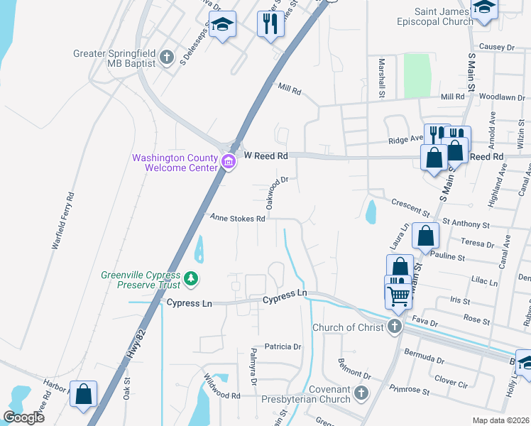 map of restaurants, bars, coffee shops, grocery stores, and more near 50 Oakwood Drive in Greenville