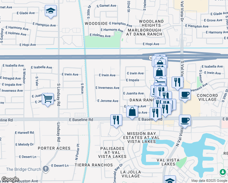 map of restaurants, bars, coffee shops, grocery stores, and more near 3141 East Inverness Avenue in Mesa