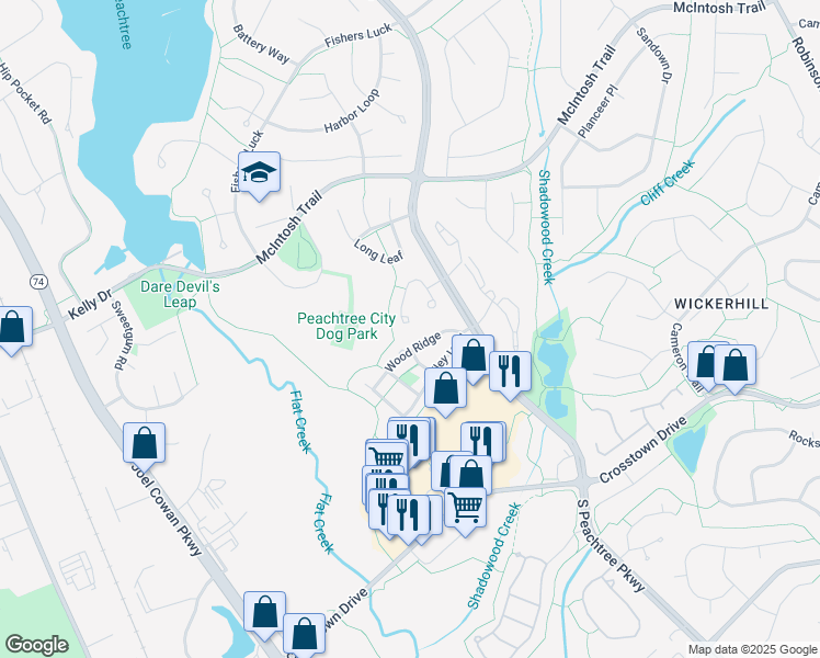 map of restaurants, bars, coffee shops, grocery stores, and more near 138 Braelinn Courts in Peachtree City