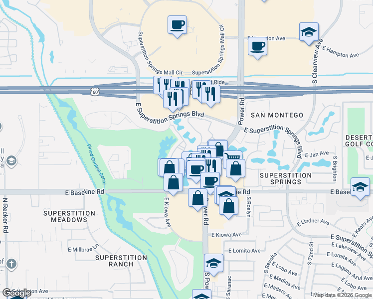 map of restaurants, bars, coffee shops, grocery stores, and more near 6535 East Superstition Springs Boulevard in Mesa