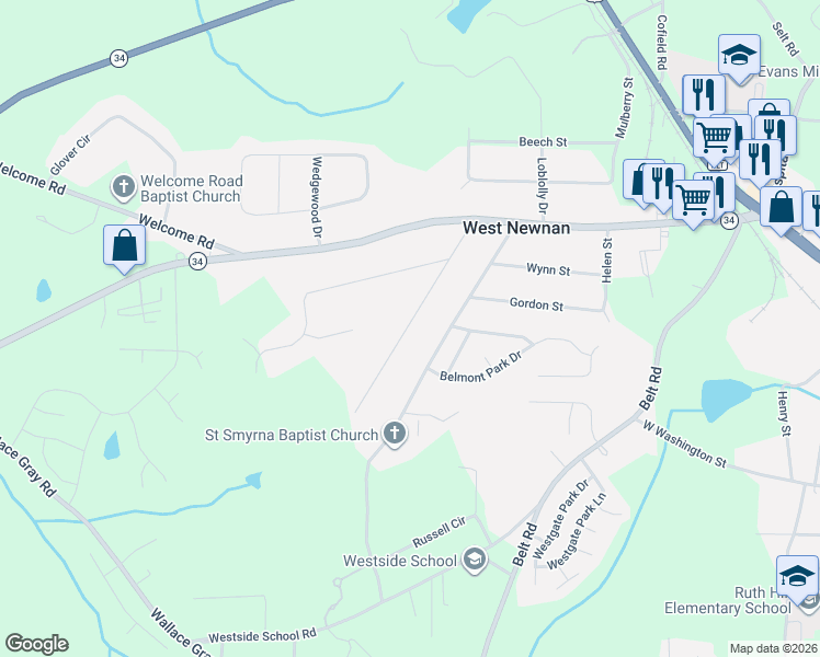 map of restaurants, bars, coffee shops, grocery stores, and more near 30 Lynhaven Drive in Newnan