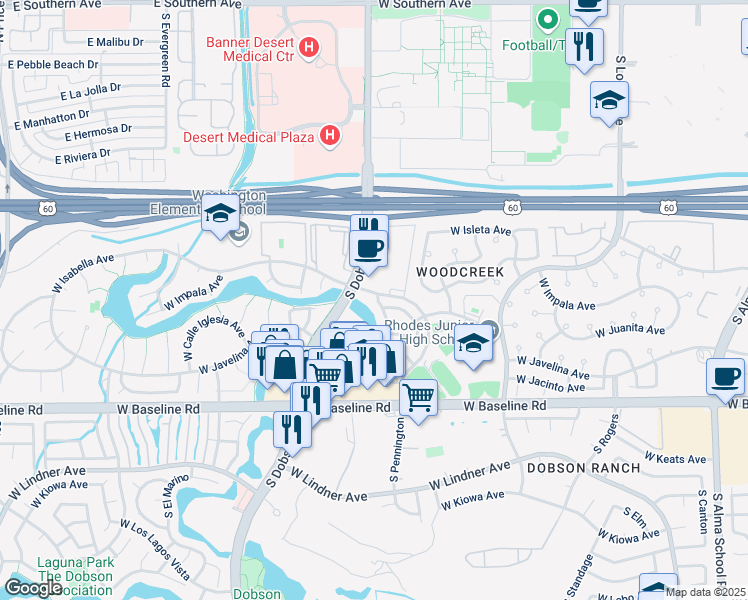 map of restaurants, bars, coffee shops, grocery stores, and more near 1802 South Yucca in Mesa