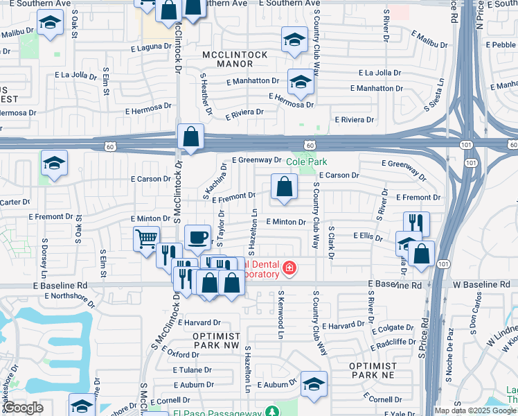 map of restaurants, bars, coffee shops, grocery stores, and more near 4271 South Hazelton Lane in Tempe